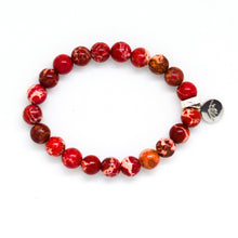 Load image into Gallery viewer, Hued Red Jasper Flat Silver Bead Bracelet (8 MM)