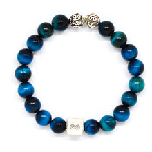Load image into Gallery viewer, Blue Tiger Eye Infinity Round Silver Bracelet (8 MM)