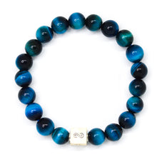 Load image into Gallery viewer, Blue Tiger Eye Infinity Silver Bead Bracelet (8 MM)
