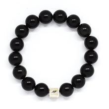 Load image into Gallery viewer, Black Obsidian Infinity Silver Bead Bracelet (12 MM)