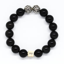 Load image into Gallery viewer, Black Obsidian Round Infinity Silver Bracelet (12 MM)