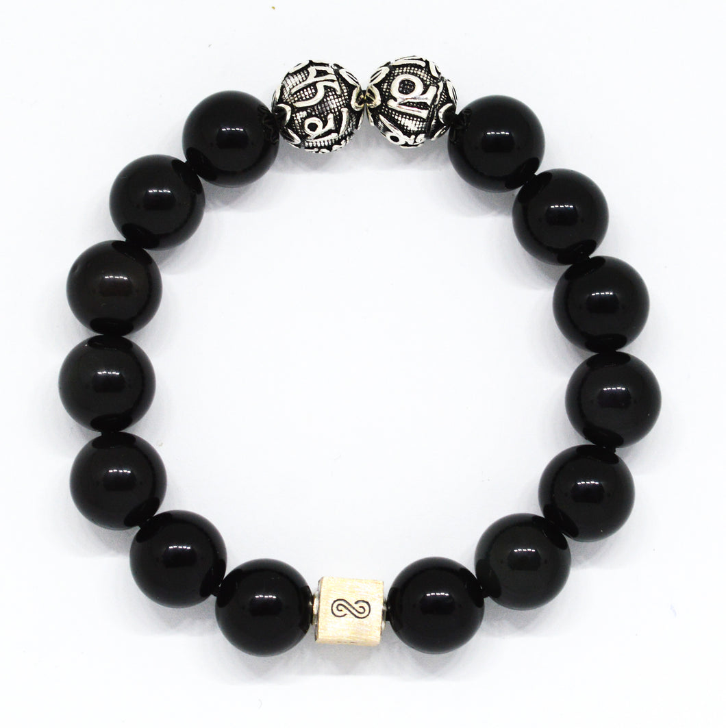 Black Obsidian Round Infinity Silver Bracelet (12 MM)