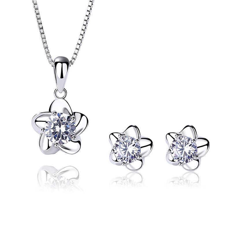 Flowery Solitaire Zircon Silver Necklace Set - Main Image