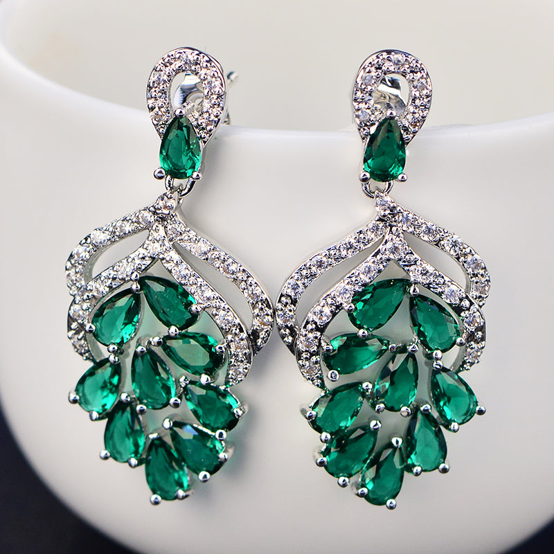 Flowery Emerald American Diamond Silver Earrings