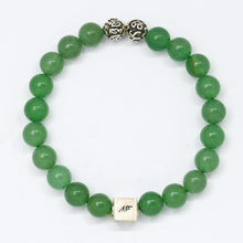 Load image into Gallery viewer, Green Aventurine bracelet with round 8mm beads, decorative silver accents and MysticFlavia logo bead
