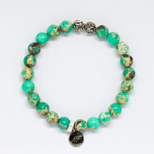 Load image into Gallery viewer, Green Hued Jasper Stone Silver Bead Bracelet 8MM with 925 sterling silver beads and charm by MysticFlavia