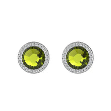 Load image into Gallery viewer, Paved green crystal stud earrings in silver, round pavé design, front view on white background.