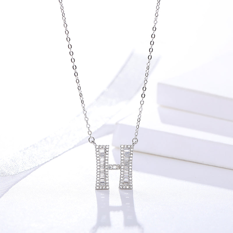 Initials Alphabet H-N Pendant Zircon Silver Necklace