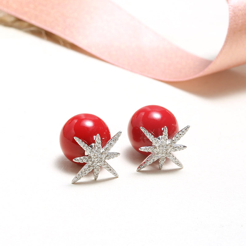 Pointed Star White Zircon Cherry Closure Silver Earrings
