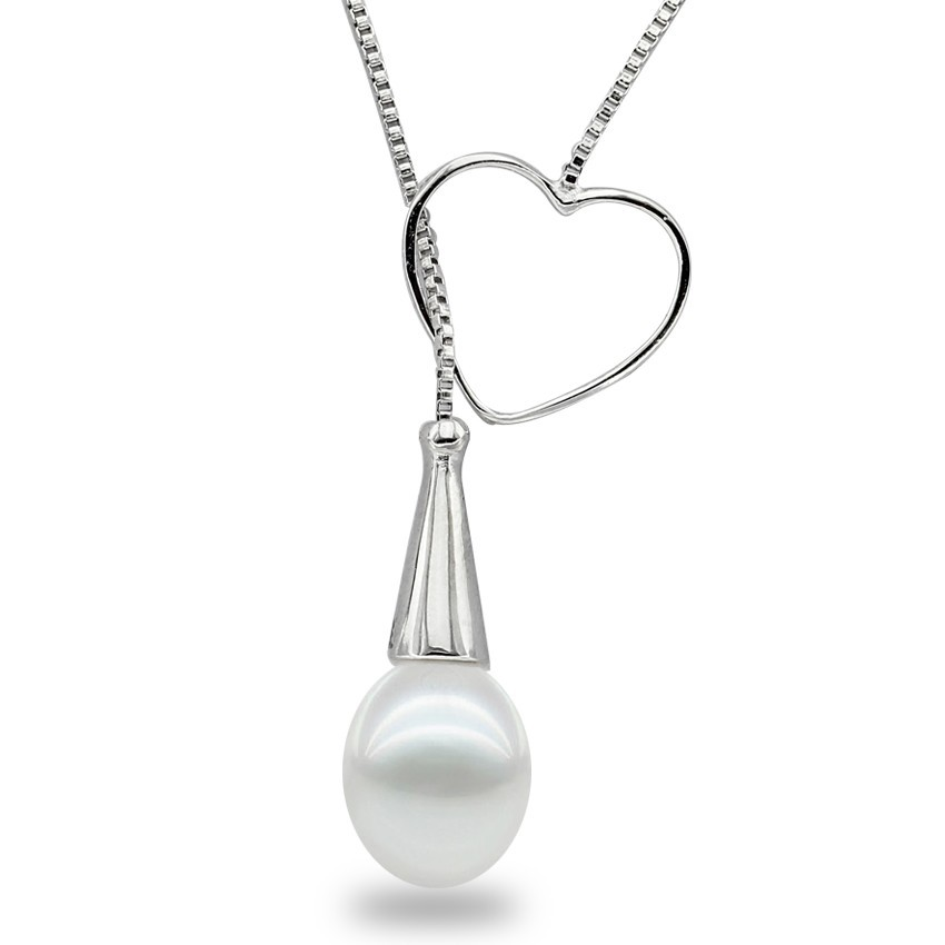 Heart au Pearl Pendant Lariat Silver Necklace