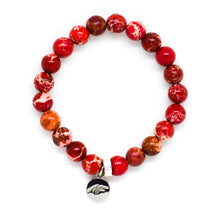 Load image into Gallery viewer, Hued Red Jasper Flat Silver Bead Bracelet 8MM by MysticFlavia featuring natural hued red jasper stone beads with a flat silver bead accent.
