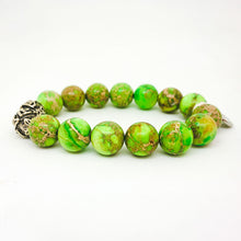 Load image into Gallery viewer, Olive Green Jasper Stone Silver Bead Bracelet (12 MM)