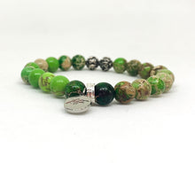Load image into Gallery viewer, Olive Green Jasper Stone Silver Bead Bracelet (8 MM)