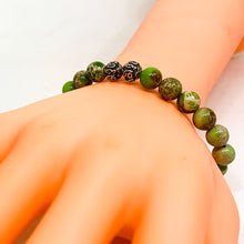 Load image into Gallery viewer, Olive Green Jasper Stone Silver Bead Bracelet (8 MM)