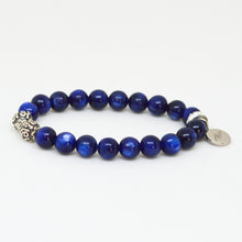 Load image into Gallery viewer, Angled view of Blue Kyanite Stone Silver Bead Bracelet 8mm showcasing natural blue kyanite gemstone beads with decorative silver bead accents.