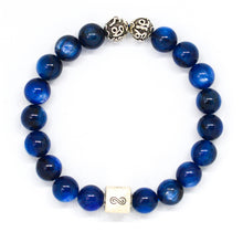 Load image into Gallery viewer, Blue Kyanite infinity round silver bracelet 8mm with natural blue beads and infinity silver bead on a white background