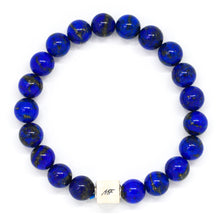 Load image into Gallery viewer, Lapis lazuli infinity silver bead bracelet 8mm top view with white square brand bead at bottom on white background
