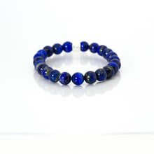 Load image into Gallery viewer, MysticFlavia lapis lazuli double flat silver bead bracelet 8mm side angle view with reflection on white background