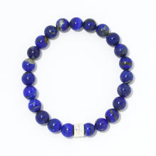Load image into Gallery viewer, MysticFlavia lapis lazuli bracelet 8mm flat view with single silver double flat bead at bottom on white background