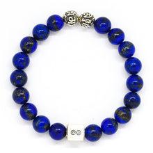 Load image into Gallery viewer, Lapis lazuli infinity round silver bracelet 8mm top view with engraved silver beads and infinity charm on white background