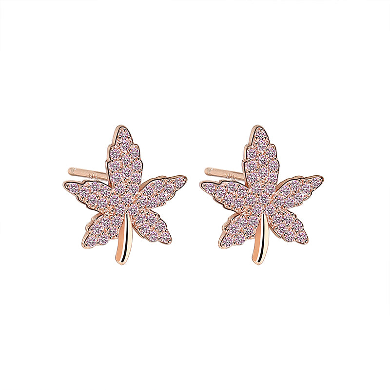 Maple Leaf Rose Gold Zircon Studded Silver Earrings
