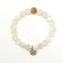 Load image into Gallery viewer, Moonstone bracelet with a single sunstone accent bead and sterling silver charm by MysticFlavia
