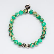 Load image into Gallery viewer, Natural Green Hued Jasper Stone Silver Bead Bracelet 8MM handcrafted with 925 sterling silver accents by MysticFlavia