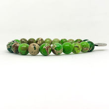 Load image into Gallery viewer, Side View of Natural Olive Green Jasper Stone Bracelet 8MM with 925 Sterling Silver Round Beads by MysticFlavia