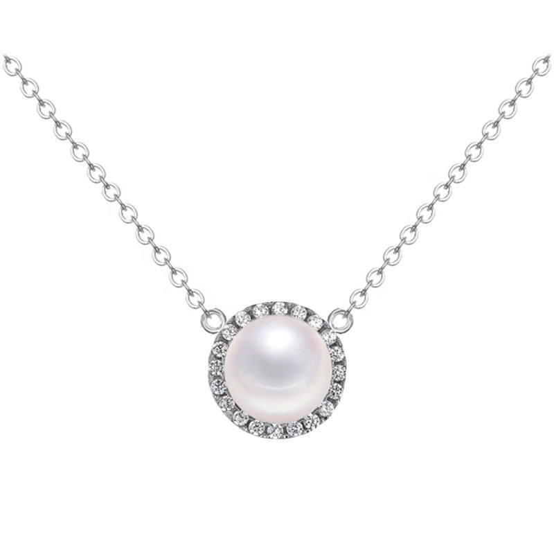 White Zircon Round Natural Pearl Silver Necklace