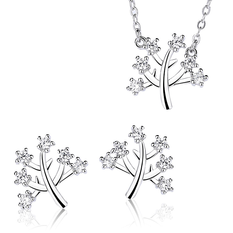 Tree Pendant White Zircon Silver Necklace Set