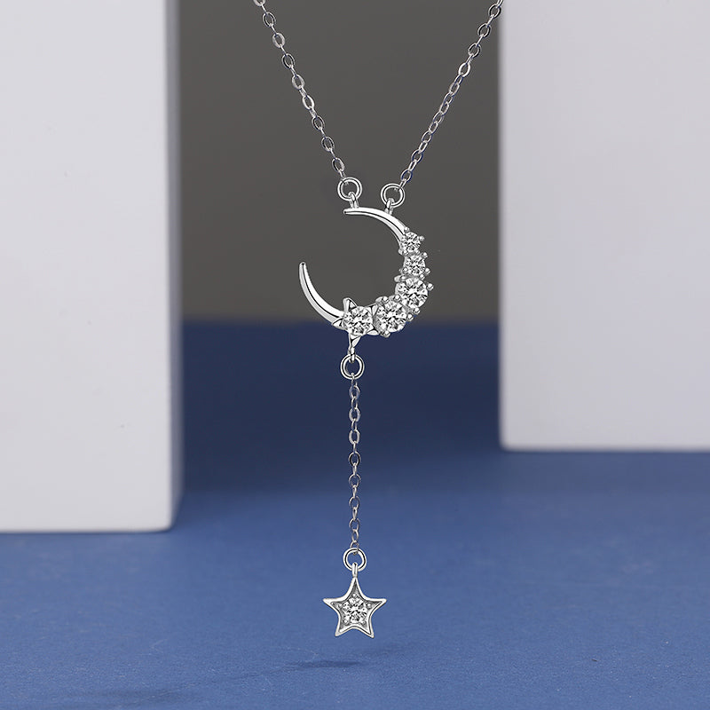 Moon & Star White Zircon Studded Silver Necklace