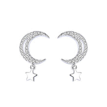 Load image into Gallery viewer, White Zircon Moon &amp; Hanging Star Silver Earrings
