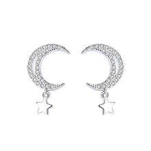 Load image into Gallery viewer, White Zircon Moon & Hanging Star Silver Earrings