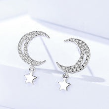 Load image into Gallery viewer, White Zircon Moon & Hanging Star Silver Earrings