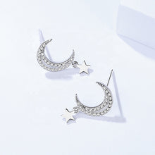 Load image into Gallery viewer, White Zircon Moon &amp; Hanging Star Silver Earrings
