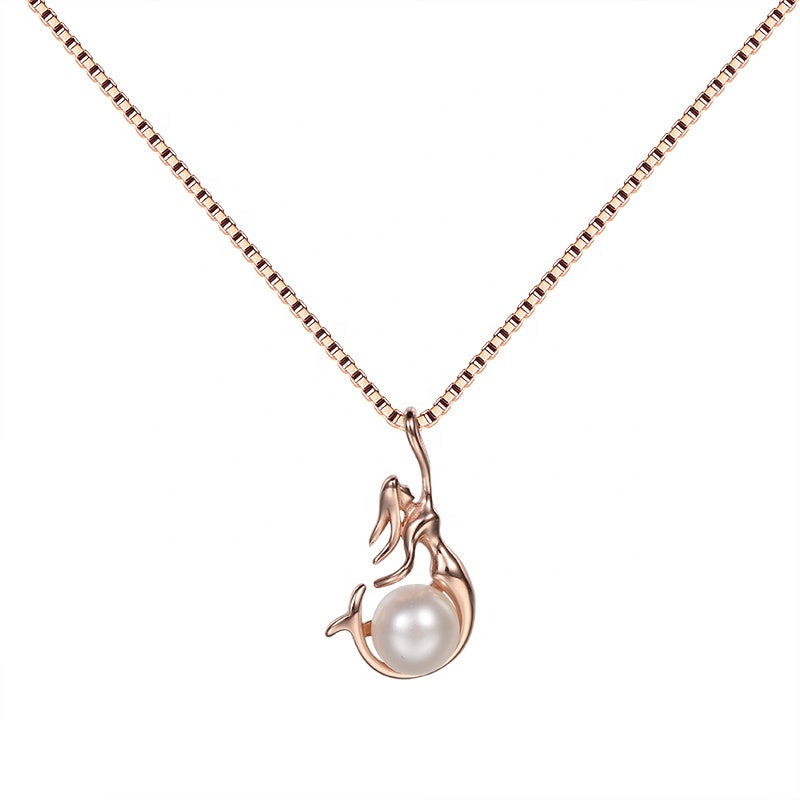 Rose Gold Mermaid Pearl Pendant Silver Necklace