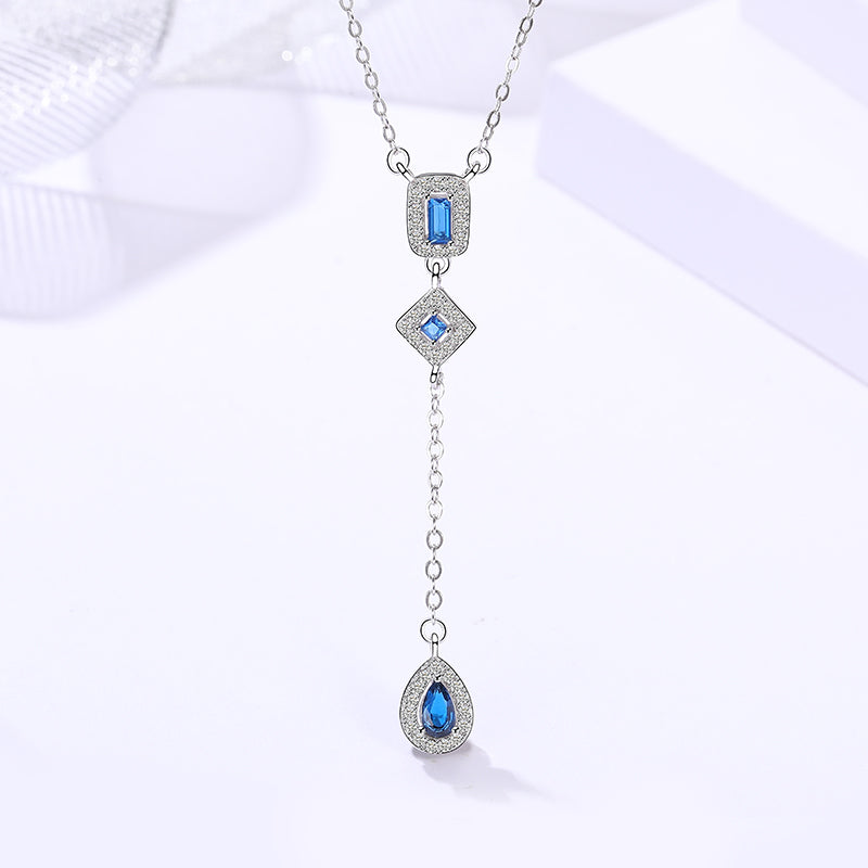 Blue Zircon Tear Drop Pendant Silver Necklace