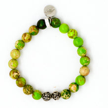 Load image into Gallery viewer, Top View of Natural Olive Green Jasper Stone Bracelet 8MM with 925 Sterling Silver Round Beads by MysticFlavia