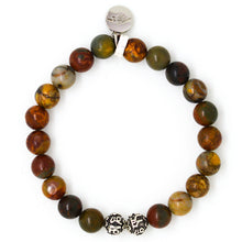 Load image into Gallery viewer, Top view of Picasso jasper stone bracelet 8MM by MysticFlavia with silver bead accents