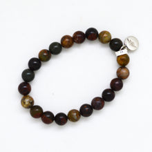 Load image into Gallery viewer, Angled view of Picasso jasper stone flat silver bead bracelet with 925 sterling silver charm