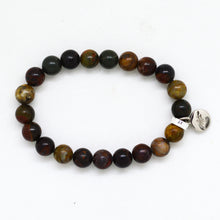 Load image into Gallery viewer, Top view of Picasso jasper stone flat silver bead bracelet 8MM by MysticFlavia