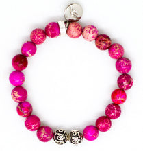 Load image into Gallery viewer, Top view of the Natural Pink Jasper Stone Silver Bead Bracelet 8MM highlighting the natural pink jasper beads, ornate silver beads, and elegant silver charm.