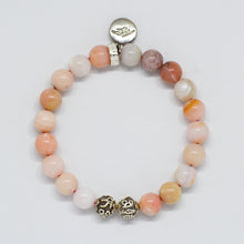 Load image into Gallery viewer, Top view of Pink Opal Stone Silver Bead Bracelet 8mm featuring 925 sterling silver beads and logo charm