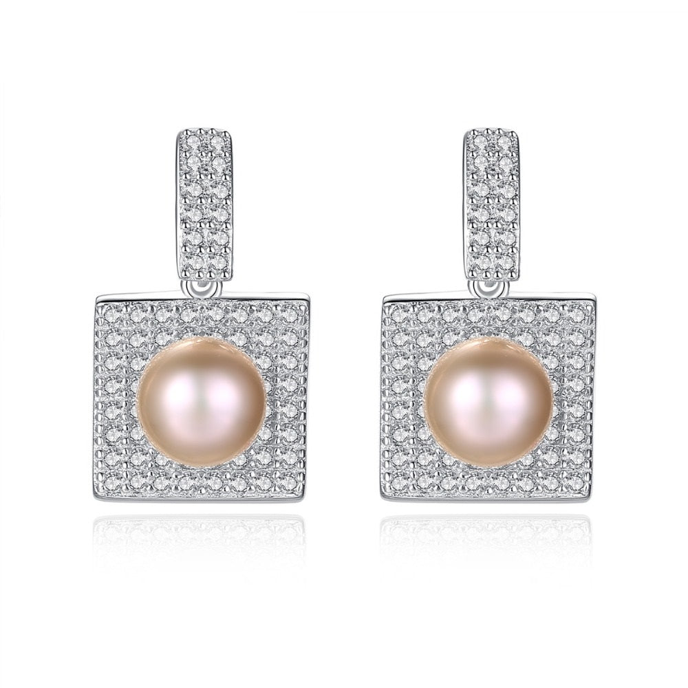 Pink Natural Pearl Paved Zircon Silver Earrings