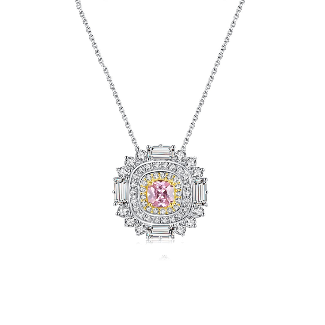 Pink Ruby Gemstone White Zircon Silver Necklace