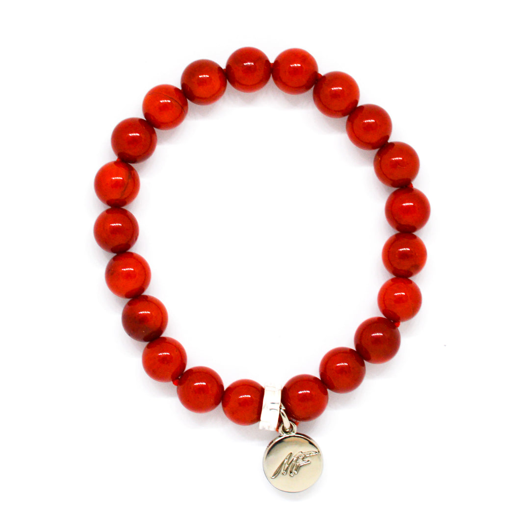 Red Coral Stone Flat Silver Bead Bracelet (8 MM)