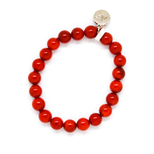 Load image into Gallery viewer, Red Coral Stone Flat Silver Bead Bracelet (8 MM)