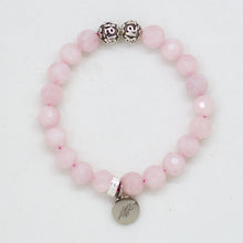 Load image into Gallery viewer, Rose quartz bracelet with faceted pink beads and MysticFlavia silver charm on white background