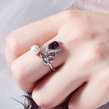 Load image into Gallery viewer, Rose Swarovski Crystal Pearl Adjustable Silver Ring