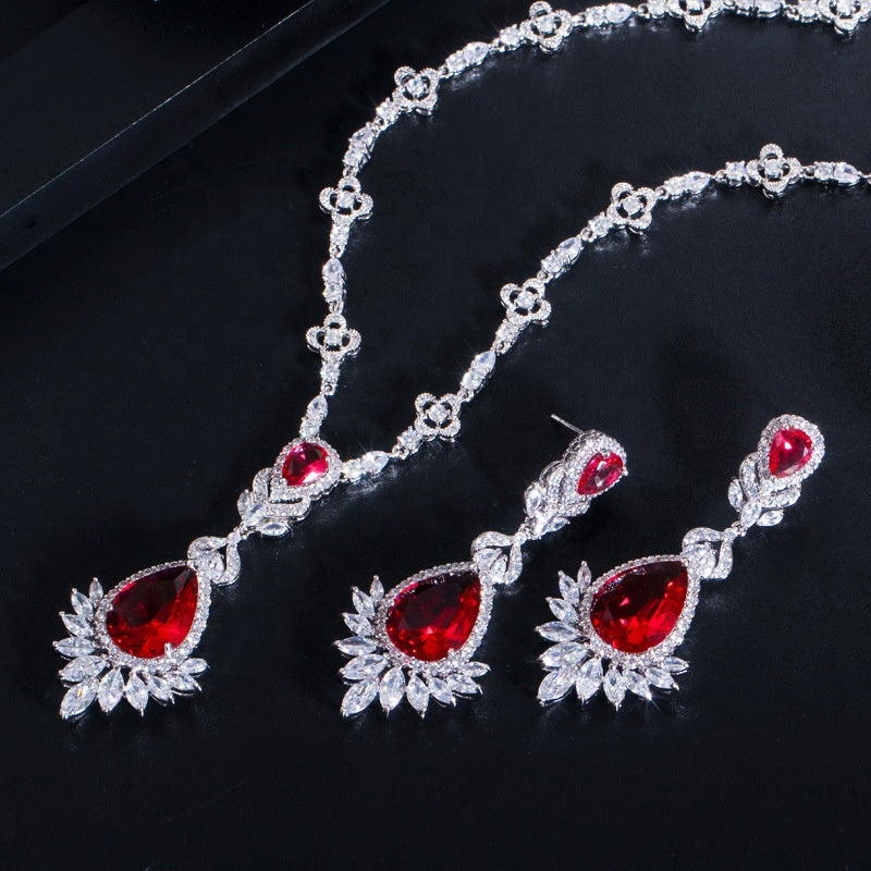 Royal Ruby Dew Drop Zircon Silver Necklace Set